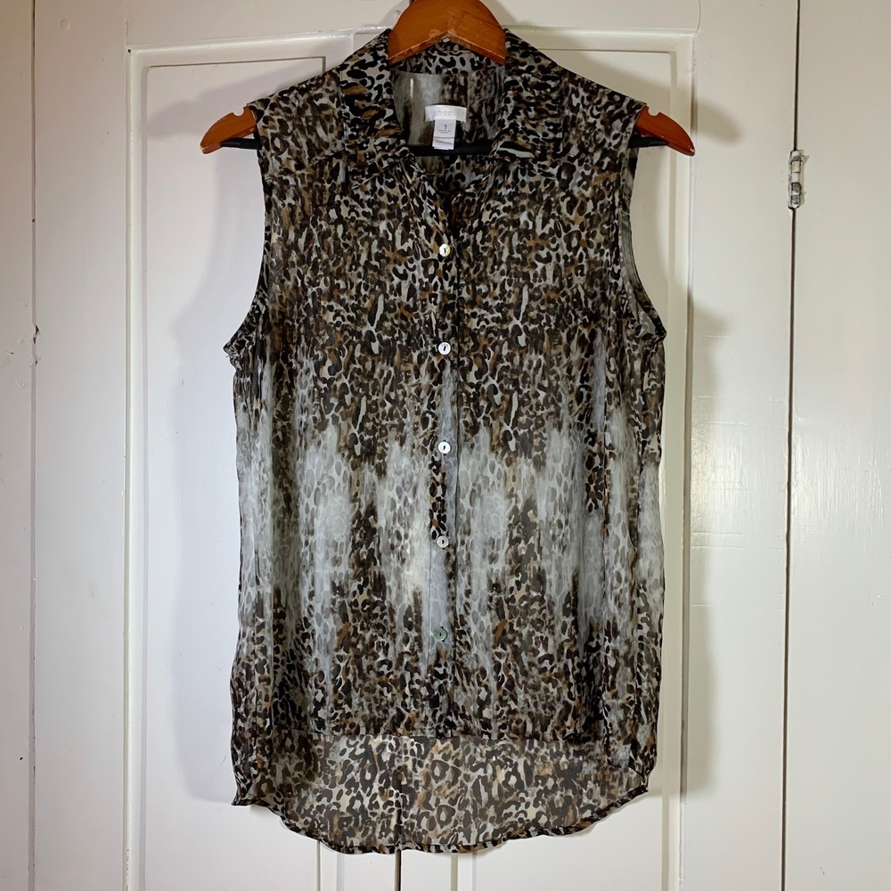 Chicos 1 Sleeveless Leopard Print Button Down Shirt Women Medium Sheer‎ Flowy